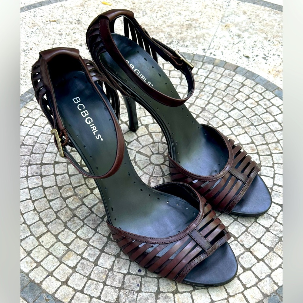 BCBGirls Brown Strappy 5” Heels, Size 9.5